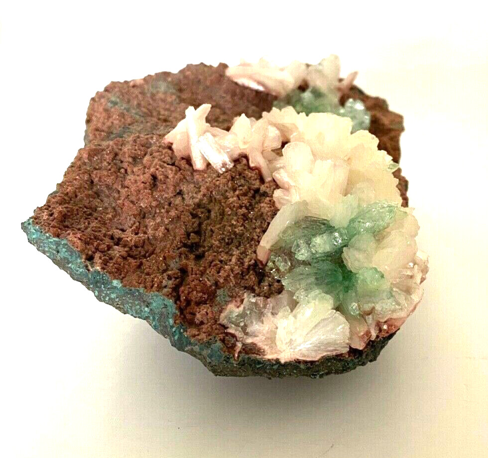 Light Mint Green Apophyllite and Pearly White Stilbite Crystals on Brown Matrix
