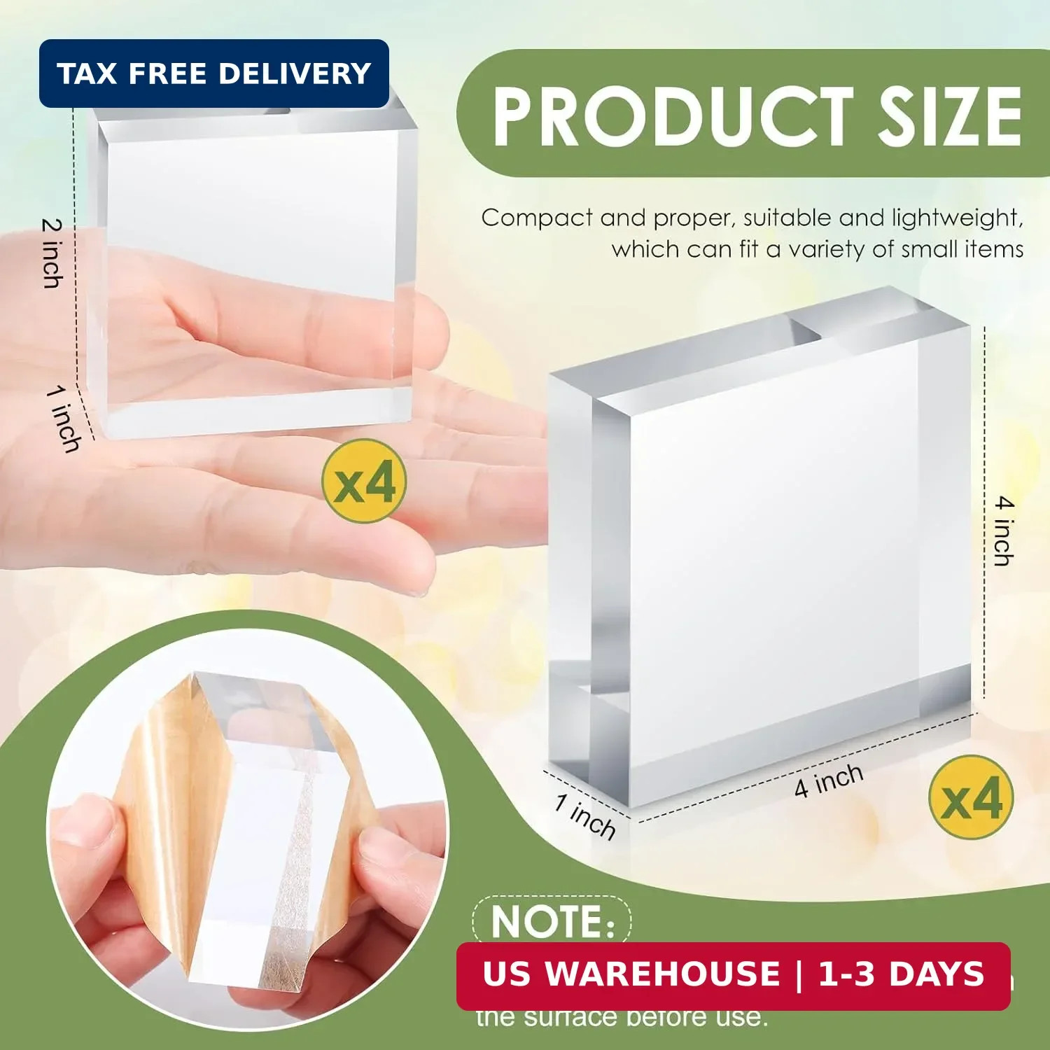 8 Pieces Acrylic Display Block 2 x 2 x 1 Inch, 4 x 4 x 1 Inch Clear Poli