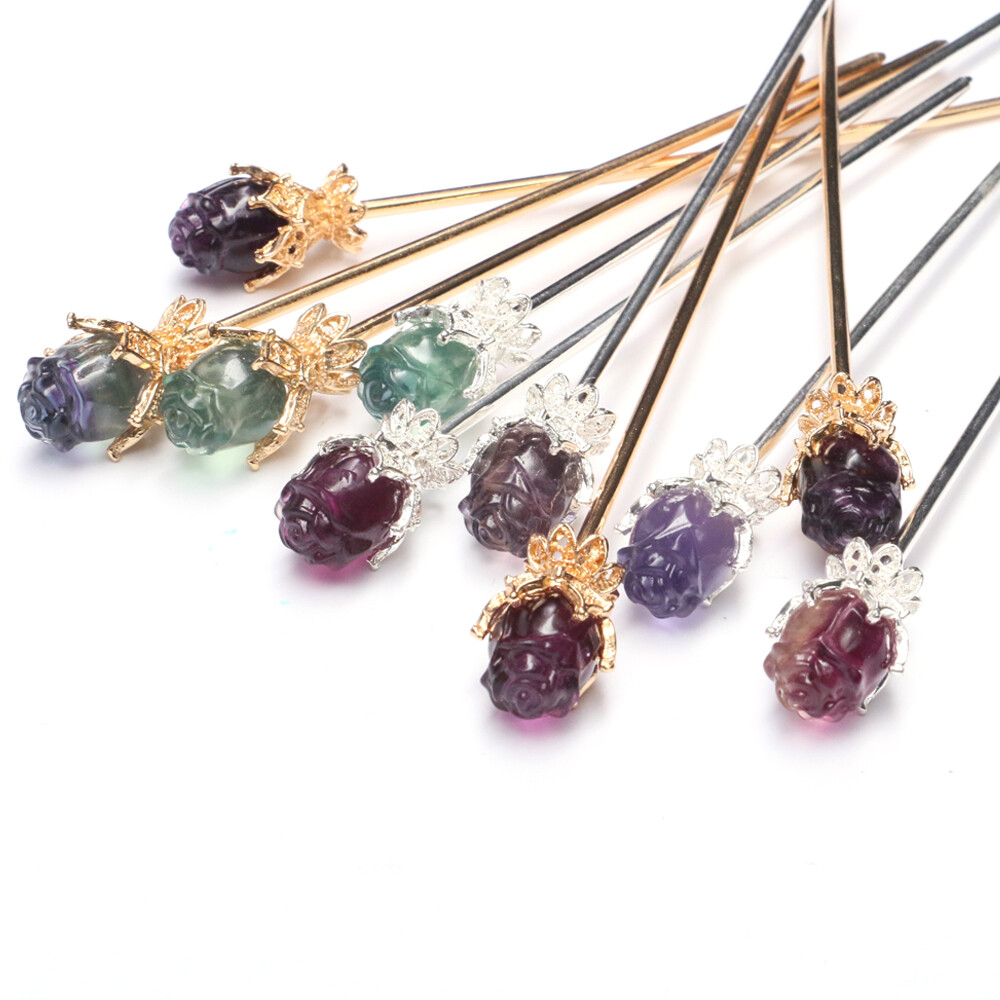 Natural Fluorite Flower Fruits Crystal Quartz Carved Hairpin Gifts Reiki Healing