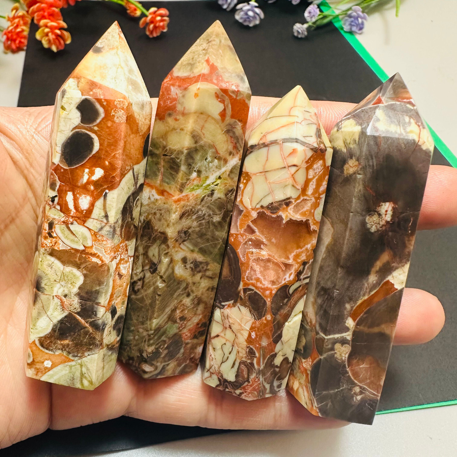 Natural Money Agate Obelisk Quartz Crystal Wand Tower Point Reiki Healing 1PC