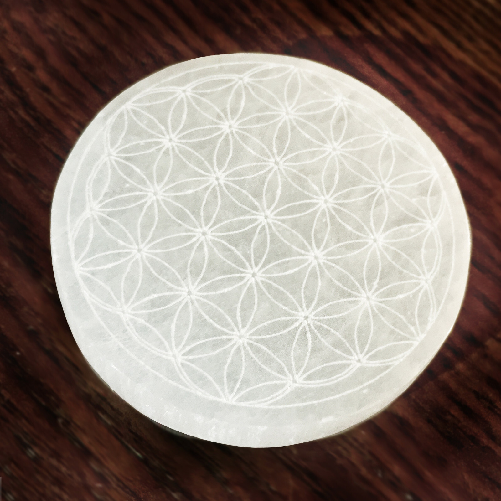 Selenite Crystal Charging Plate 3 ” Sacred Geometry Engraved Circle Disc Reiki