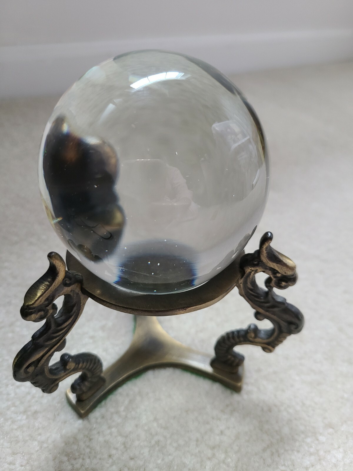 Clear Crystal on Brass Dragon Stand No Chips Not Round has Flat Bottom 3″