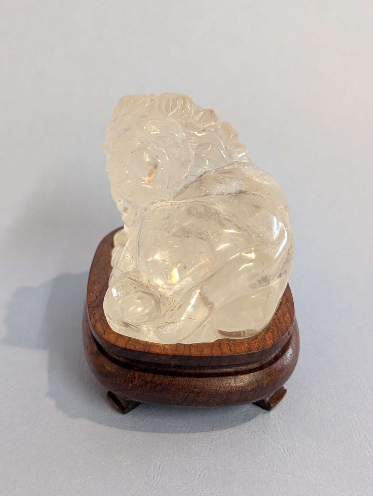 Clear quartz CRYSTAL carved LION with Cherry Wood stand Natural Mineral specimen