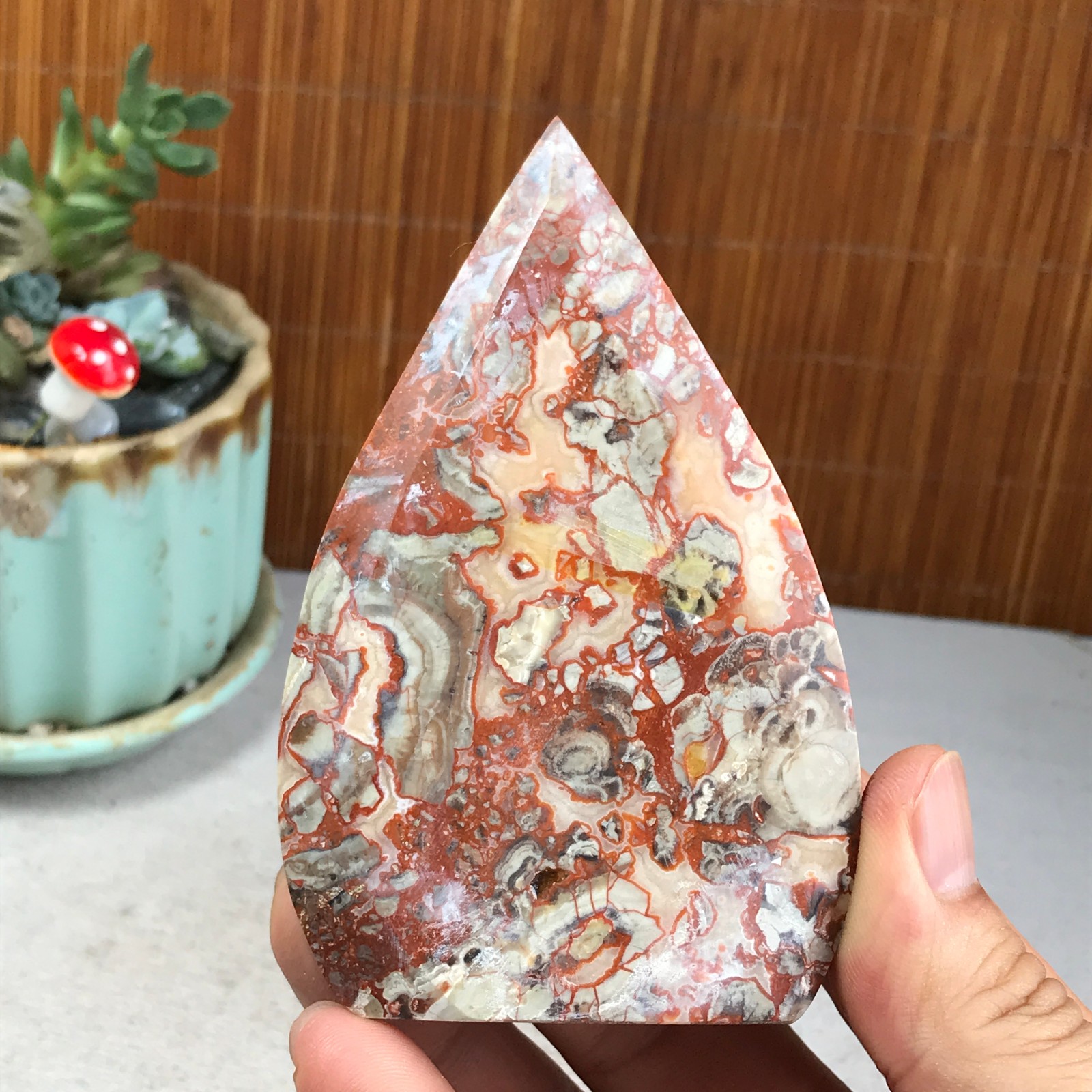 Natural money Mexico agate hand carve leaf Crystal Specimen free standing A6275