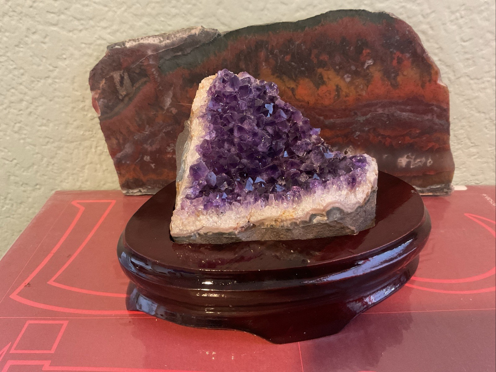Amethyst Crystal Embedded In Custom -Cherry Colored Wooden Base – gift
