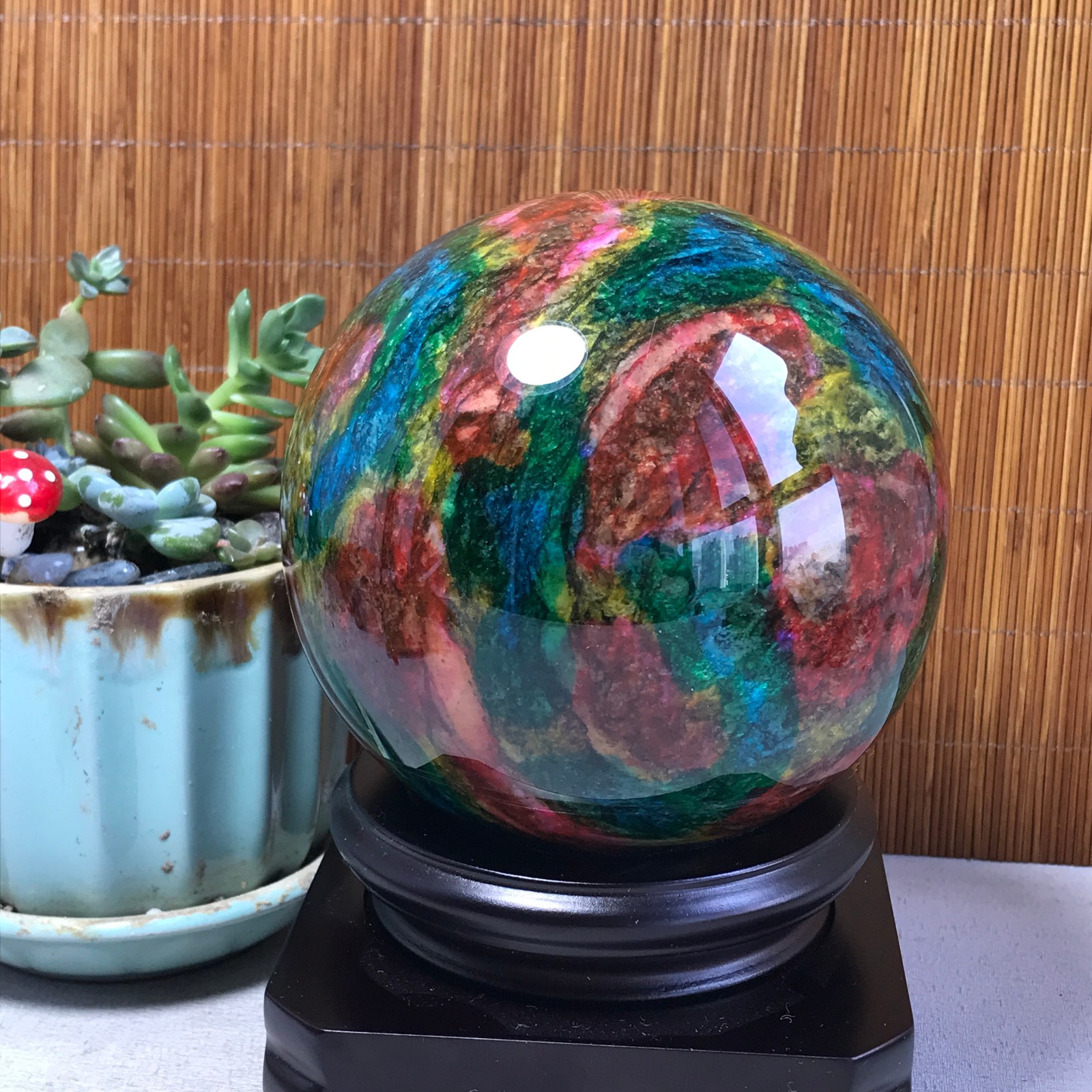 Natural “Seven Colors Jade” sphere Ball -Taiwan China 1.85kg Base Random A5808