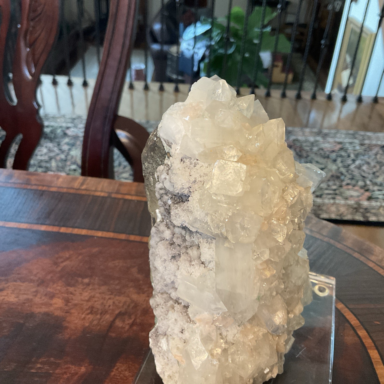 Large Quartz Crystal Cluster w/ White & Peach Minerals Lucite Display 7.5” Tall
