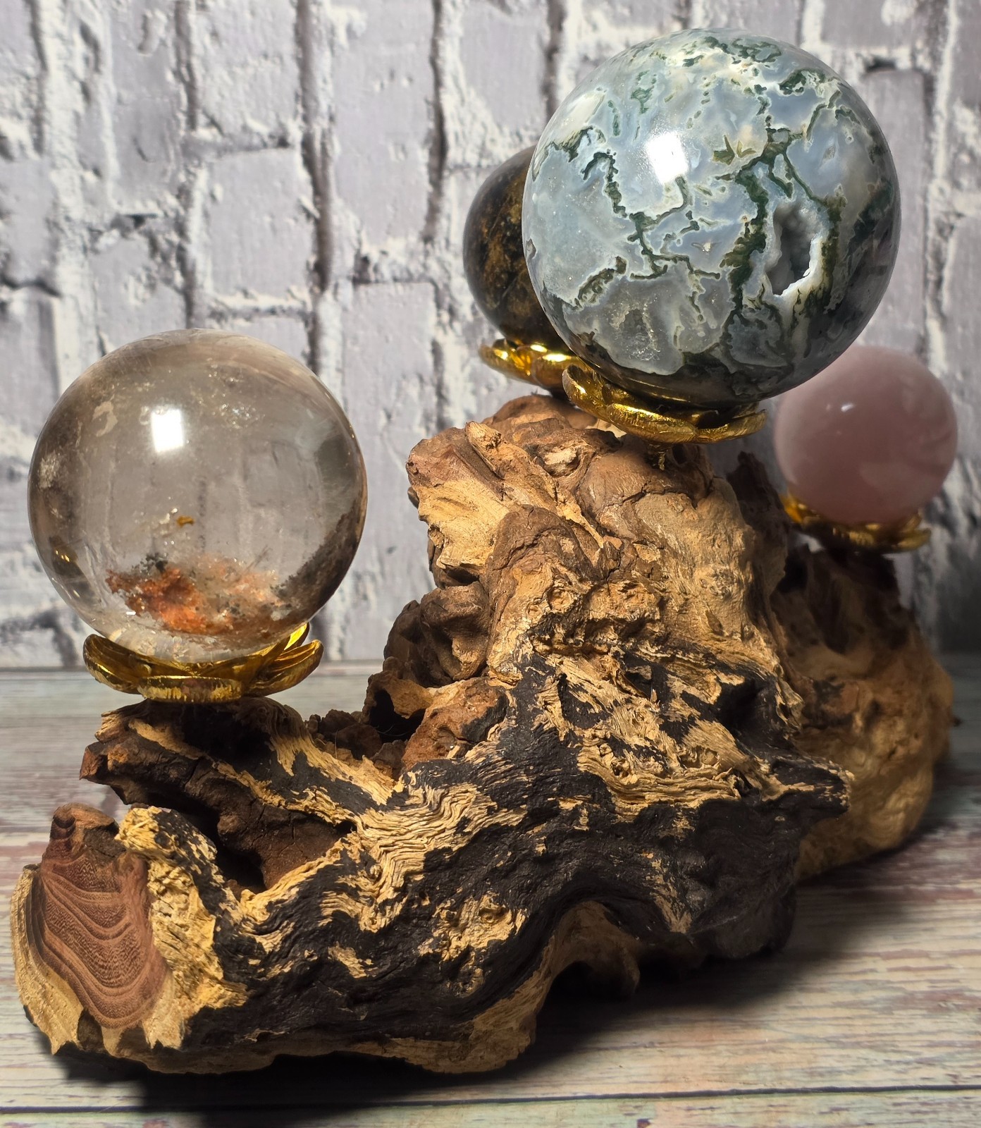 4 Crystal Sphere Display Set Moss Agate Bronzite Rose Quartz Quartz Wood Stand