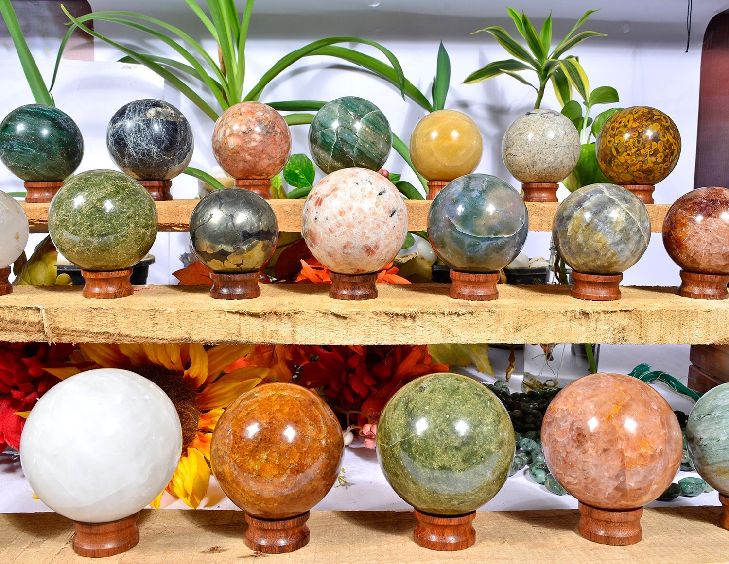 20 Pc Natural Gemstone Sphere Set + Wooden Stands – Bulk Crystal Ball Collection