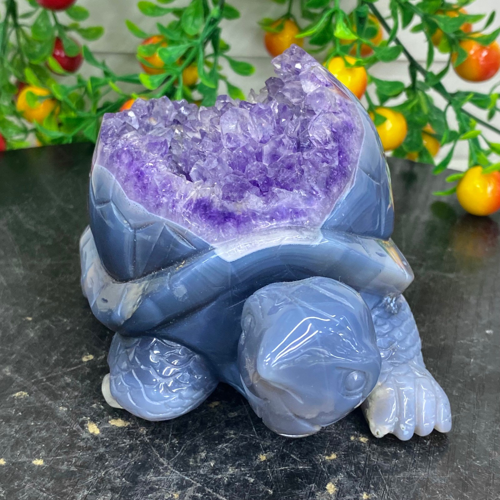 2.51LB Natural amethyst agate turtle Crystal turtle carving healing Home decora