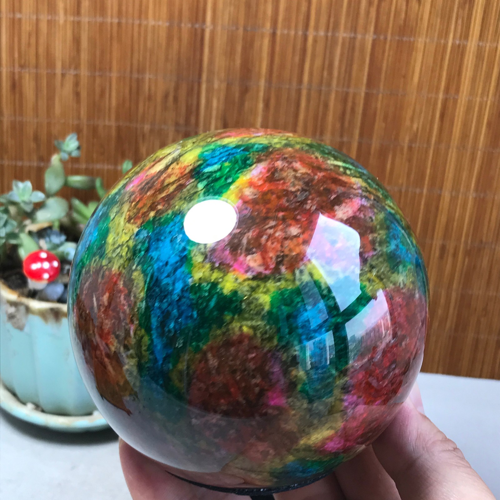 Natural “Seven Colors Jade” sphere Ball -Taiwan China 1.85kg Base Random A5809