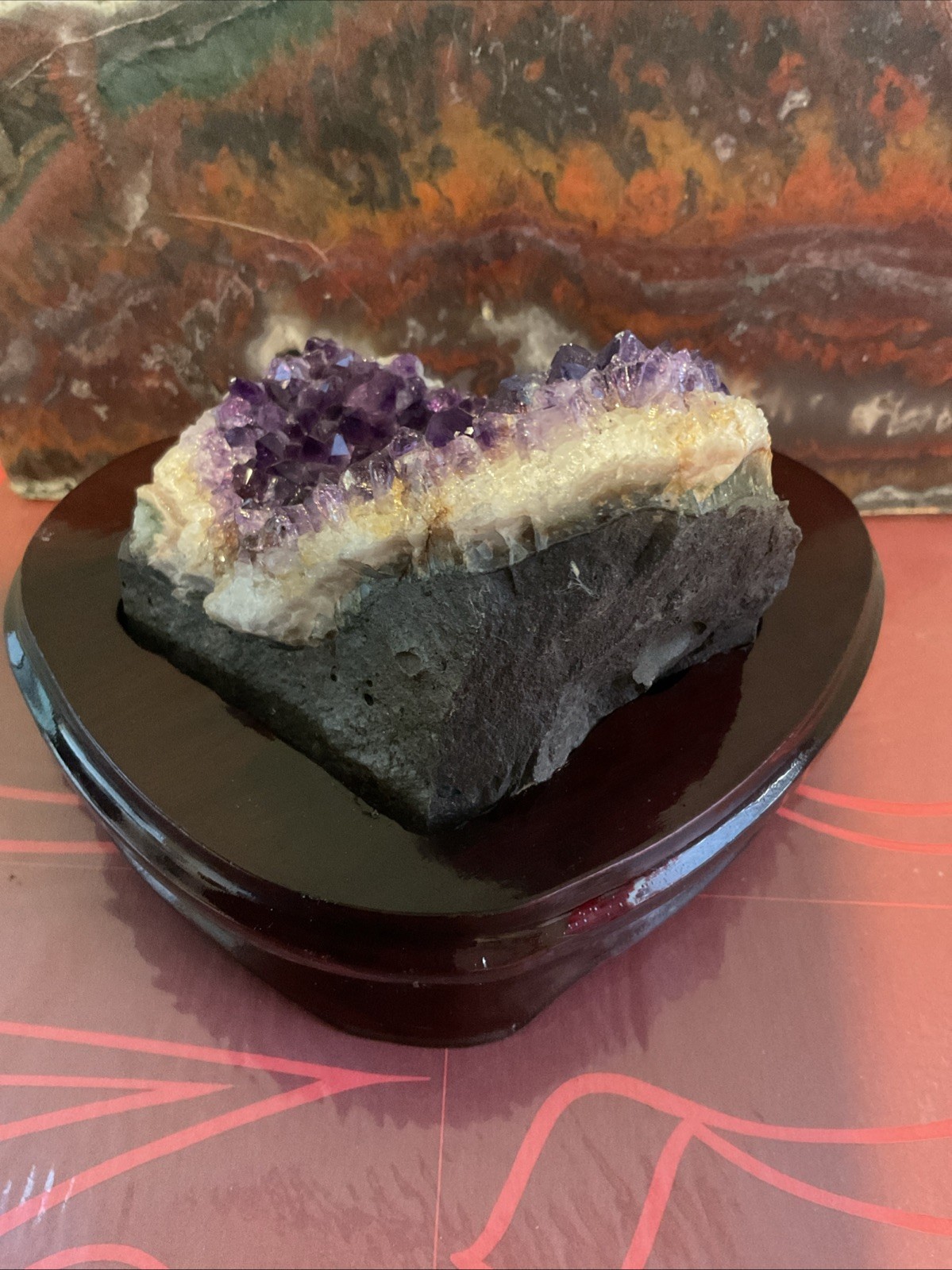 Amethyst Crystal Embedded In Custom -Cherry Colored Wooden Base – gift