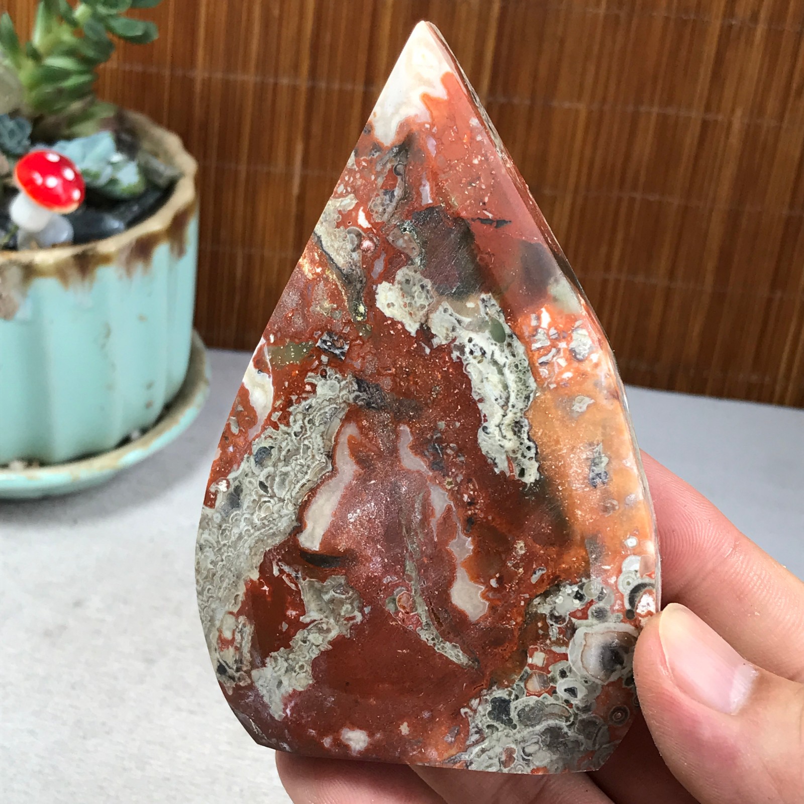 Natural money Mexico agate hand carve leaf Crystal Specimen free standing A6269