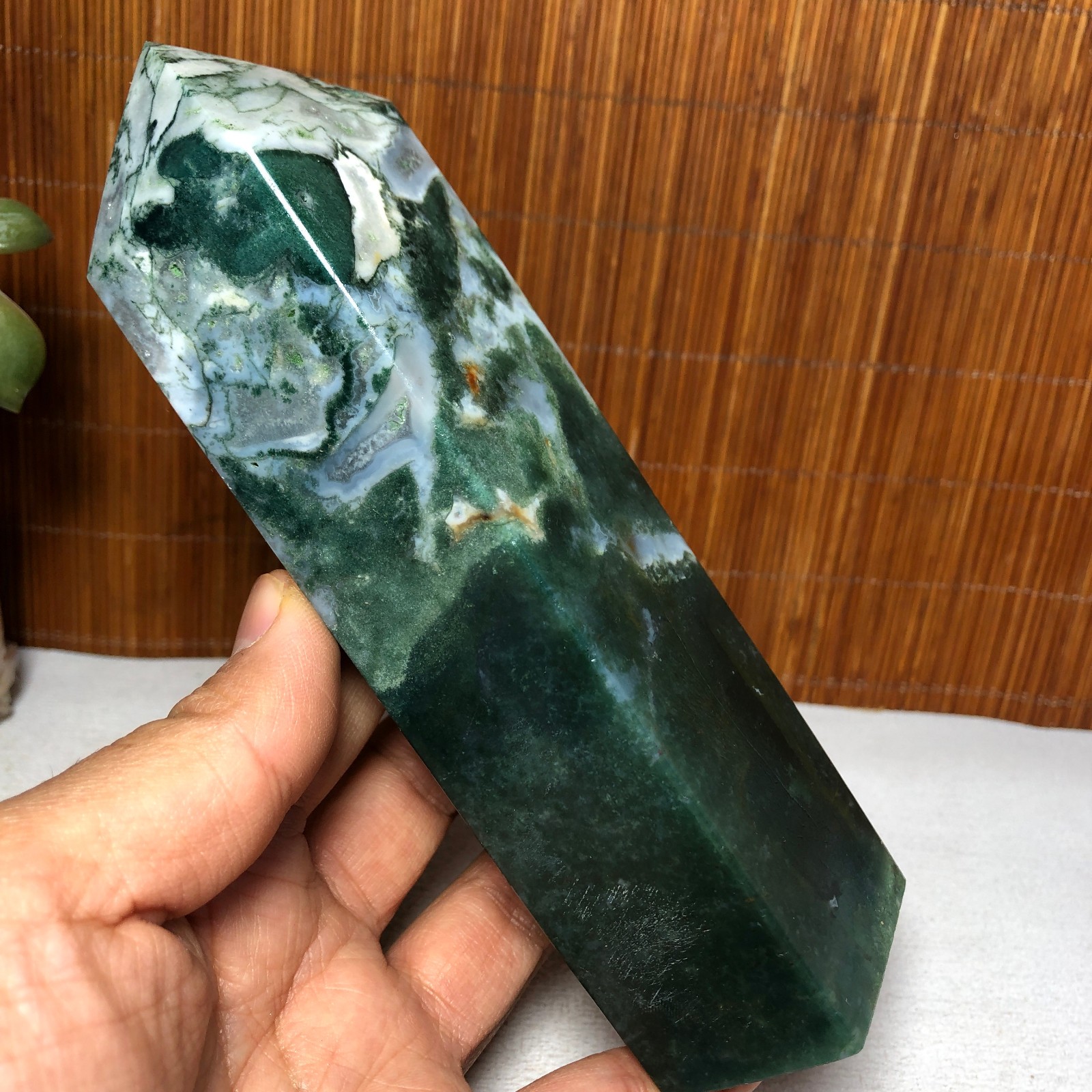 157mm Natural Polish Moss Agate Multiple veins Crystal Wand free standing A2286