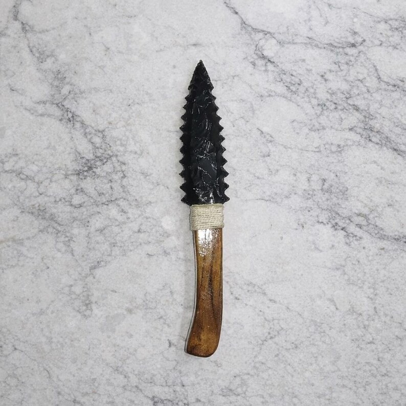 Natural Black Obsidian Knife Wooden Handle Handmade Volcanic Glass Blade