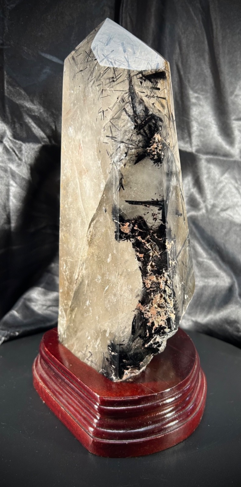 Amazing Polished Tourmalinated Quartz Specimen with Custom Wood Stand 9lb 10oz