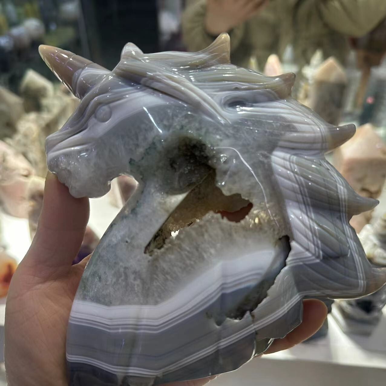 1pc Natural agate geode crystal quartz Carved unicorn skull Healing Decor Reiki