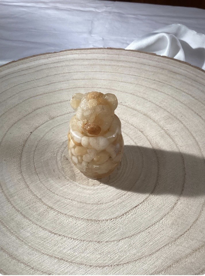 Authentic Carved Amber Calcite Crystal, Bear In Honey Pot, Home Decoration