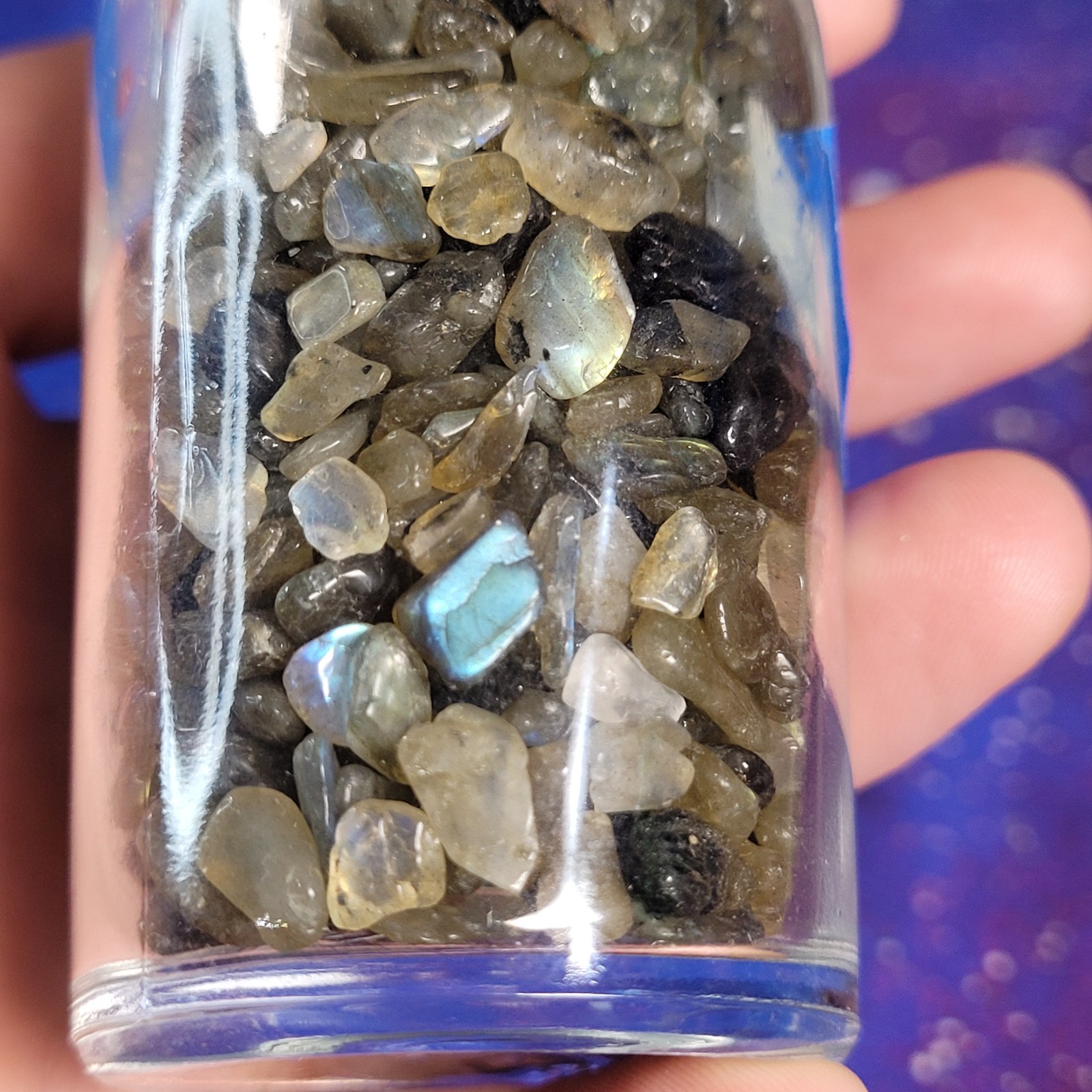1/4 lb Labradorite Crystal Tumbled Chips in Apothecary Vintage Glass Jar Wagner
