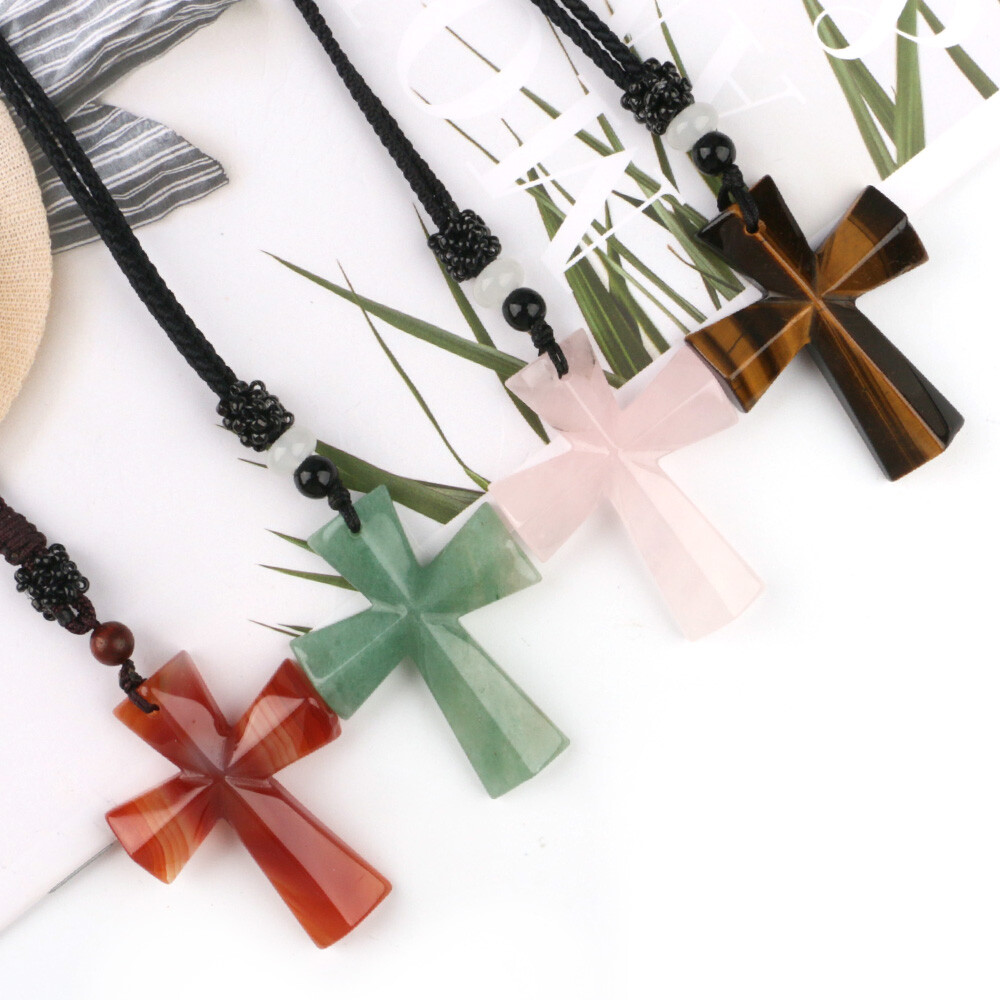 Natural Chakra Cross Quartz Crystal Stone Healing Gemstone Pendant Necklace Gift