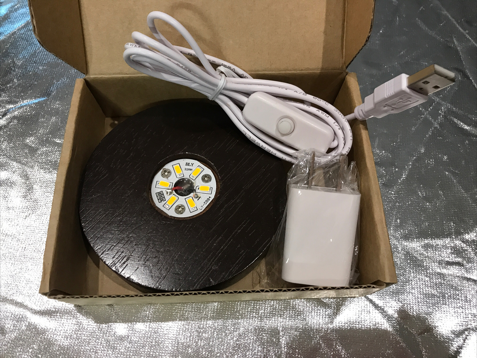4 Inch Wood Crystal Display Stand Base with LED White Lighted USB NEW