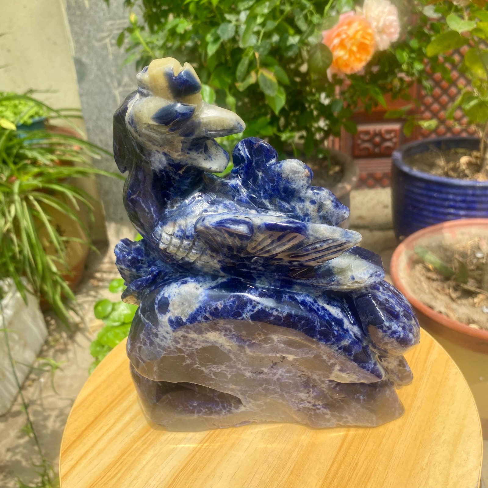6.17LB Natural Blue Vein Stone Phoenix Carving, Home Decoration