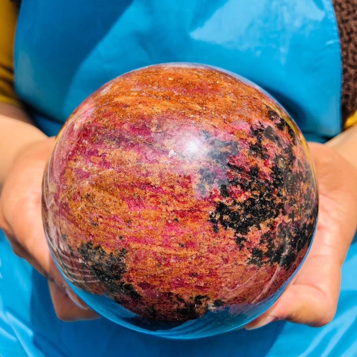 5.76LB Natural Rhodonite Crystal Sphere Pink Black Healing Gem Stone 4796