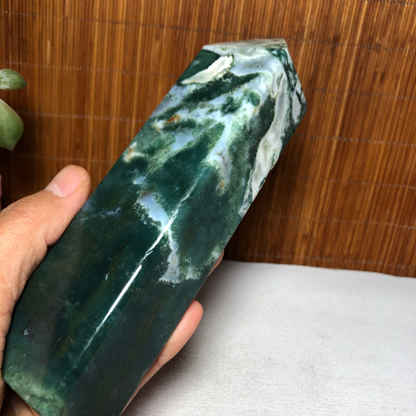 157mm Natural Polish Moss Agate Multiple veins Crystal Wand free standing A2286