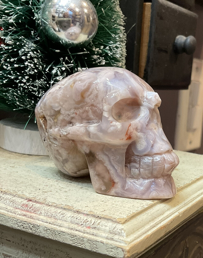 Flower Agate Skull (2″) Carved, Natural, Polished. Very Unique Piece!
