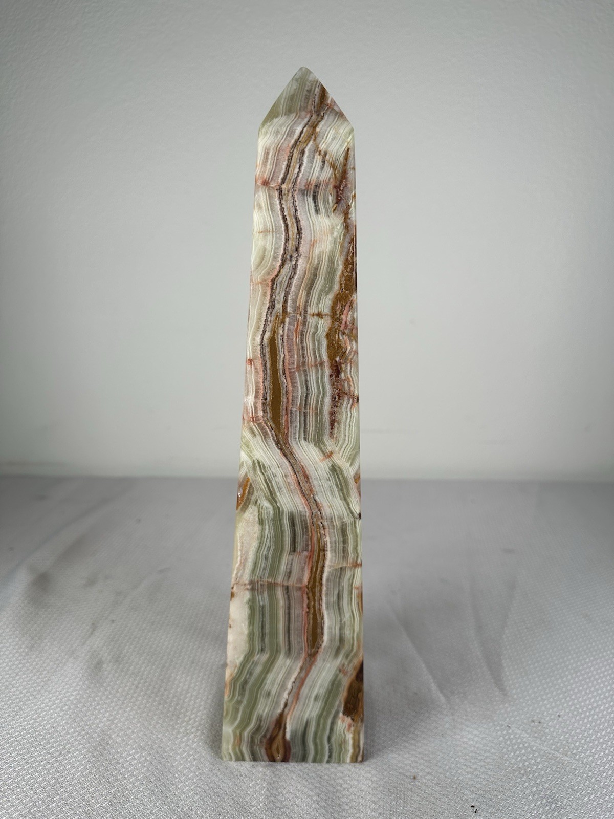 Natural Banded Onyx Green Brown White Obelisk Tower HEAVY 13.5″ Tall Paperweight