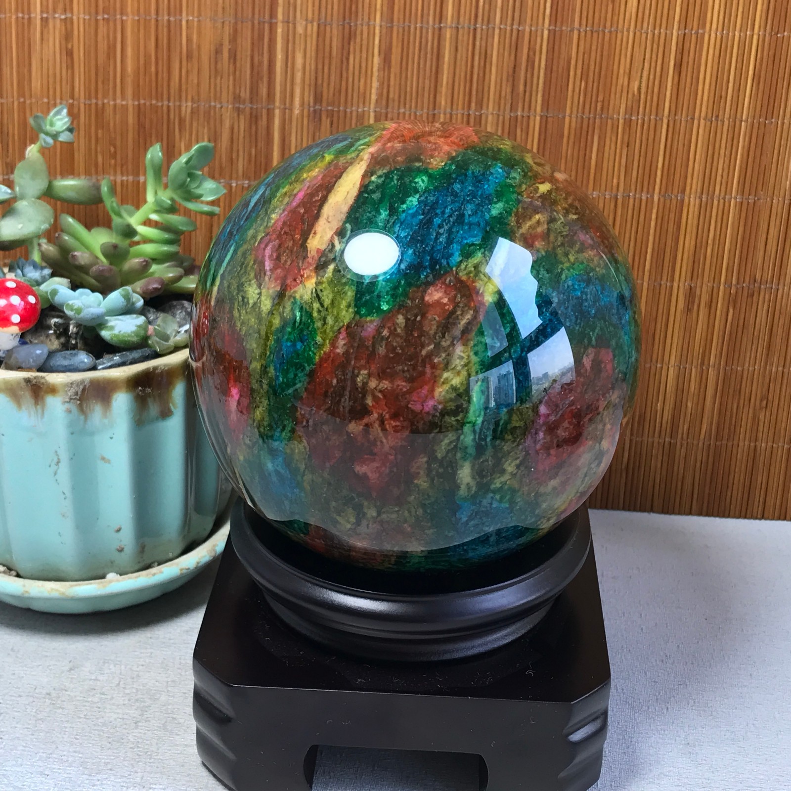 Natural “Seven Colors Jade” sphere Ball -Taiwan China 1.85kg Base Random A5808