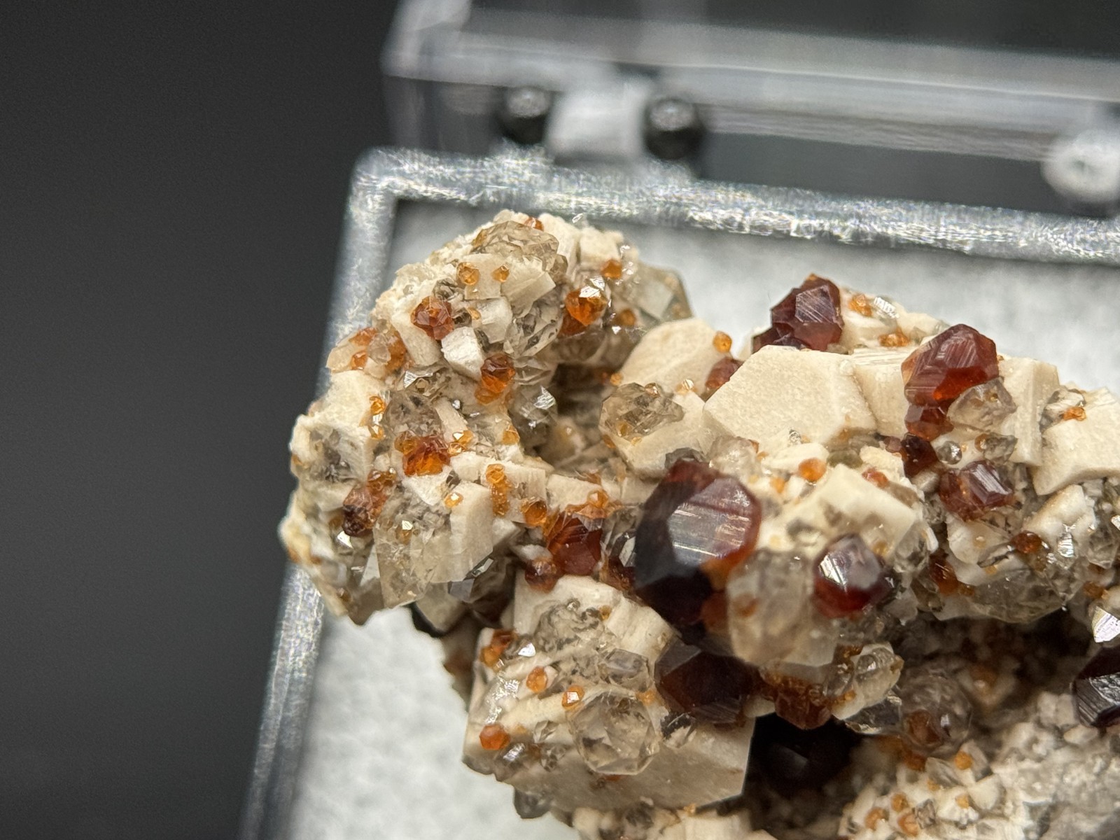Exceptional spessartine garnets on smoky quartz & microcline from Fujian, China
