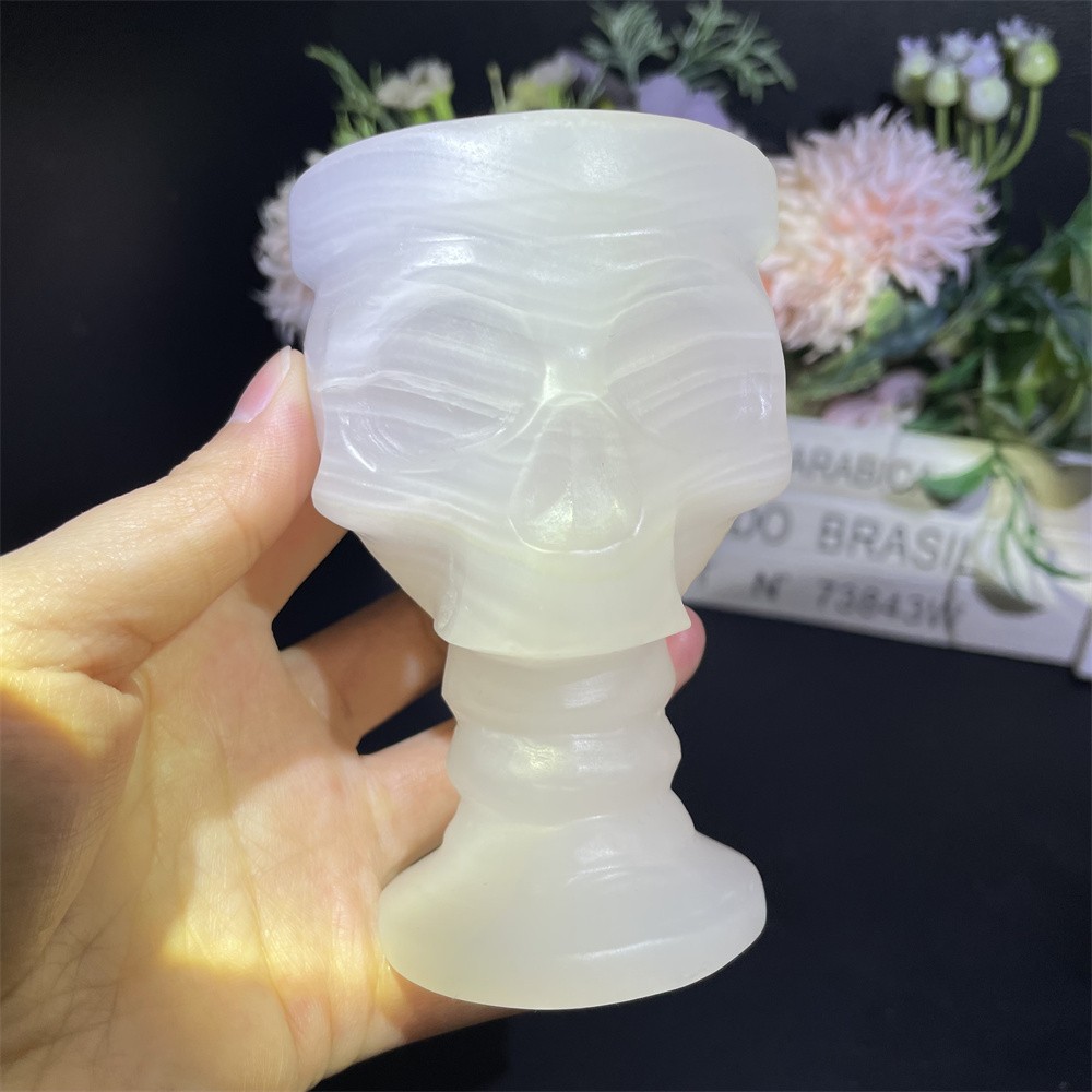 0.9LB 3.9″Natural Pink Jade Skull Cup Crystal Reiki Heal Decor Gift Wine Glass