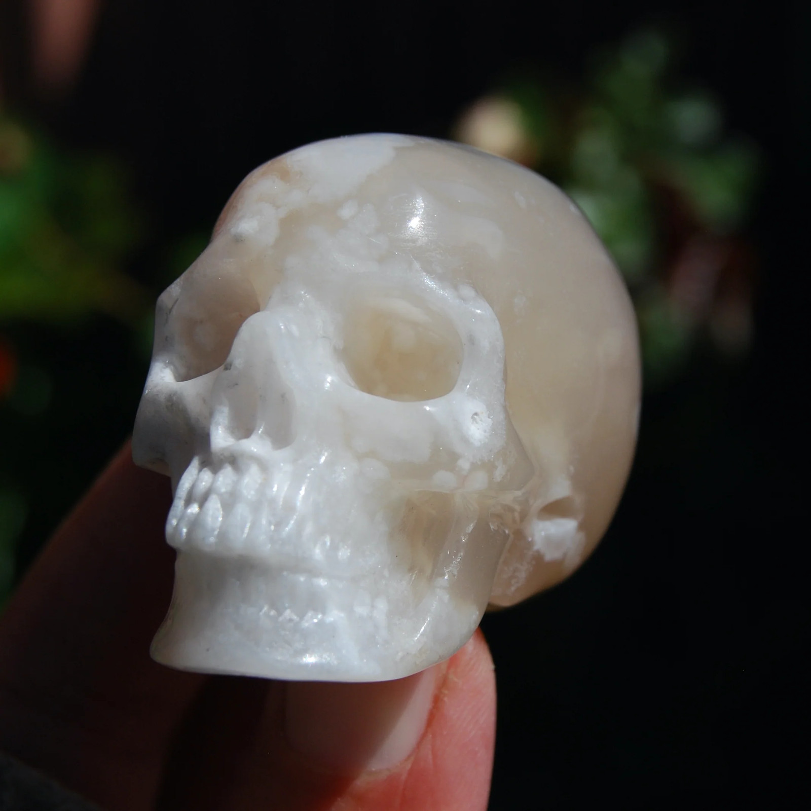 2in Sakura Flower Agate Carved Crystal Skull, Realistic Peach White Sakura Agate
