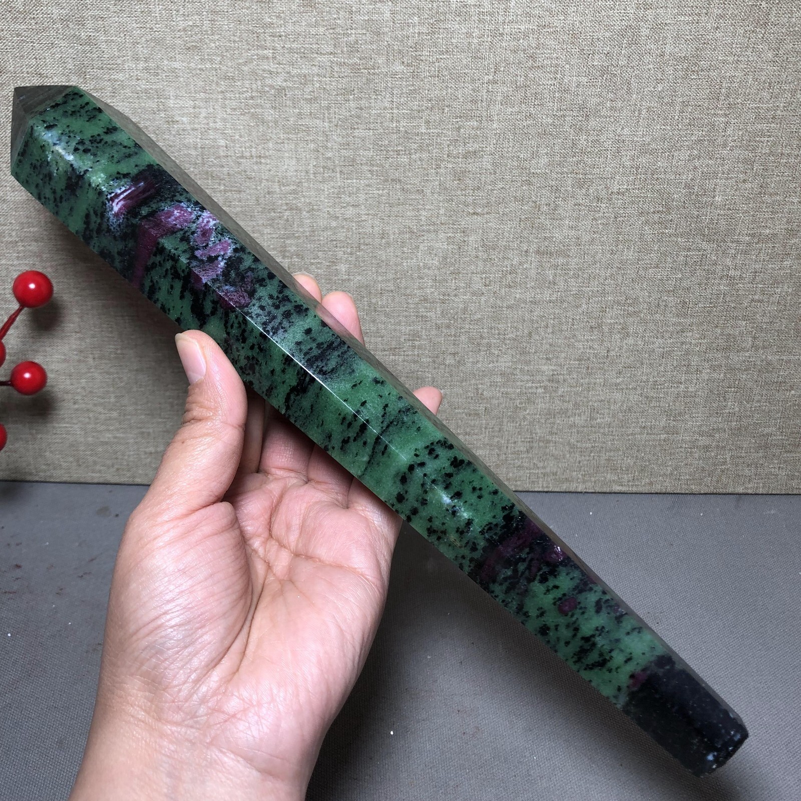 295mm Long Natural red green epidote wand Obelisk Crystal specimens 716g A4537