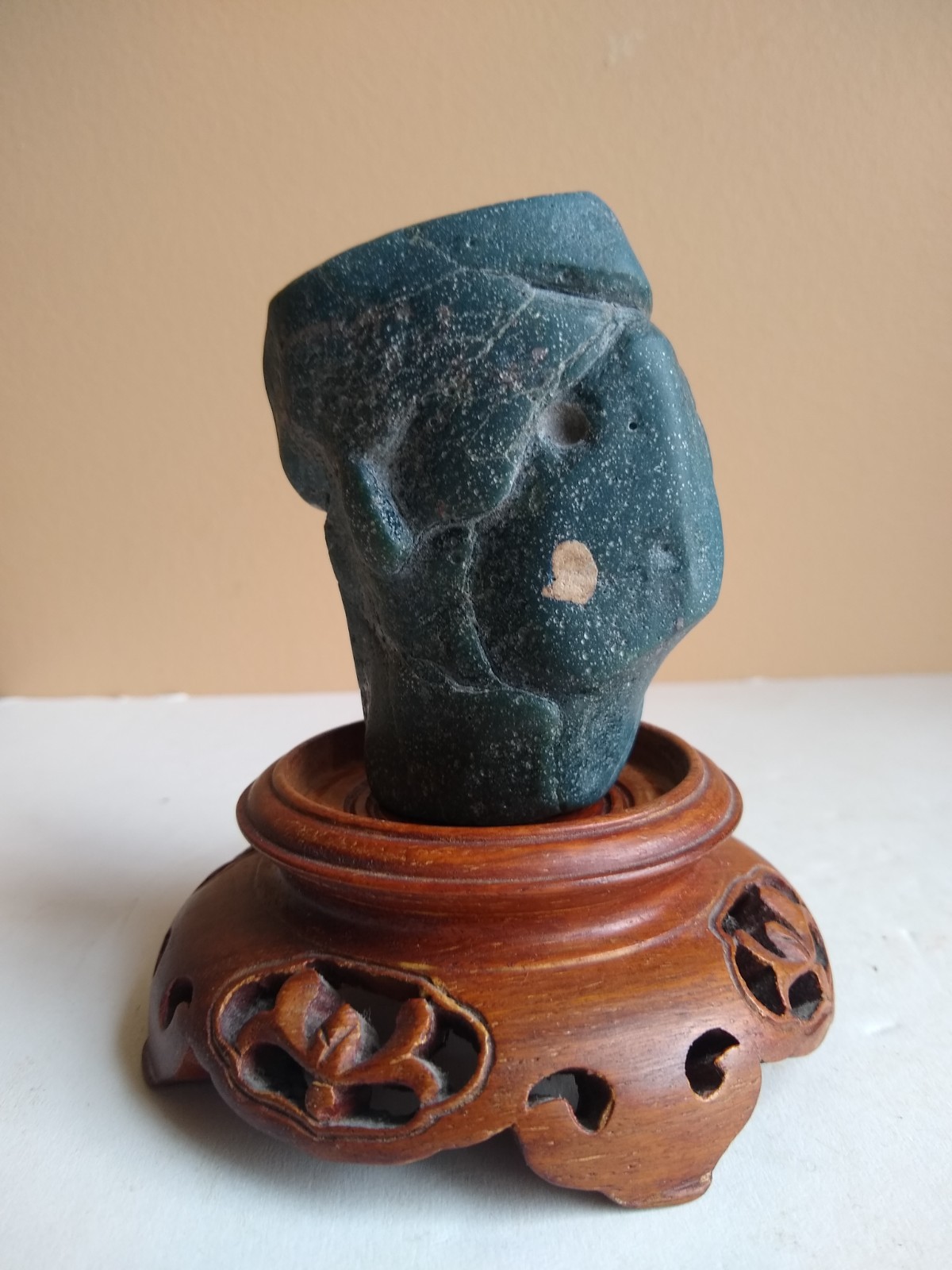 Large Michigan Leland Slag Glass Blue Scholar Stone w/ Base. Exceptional & Rare.