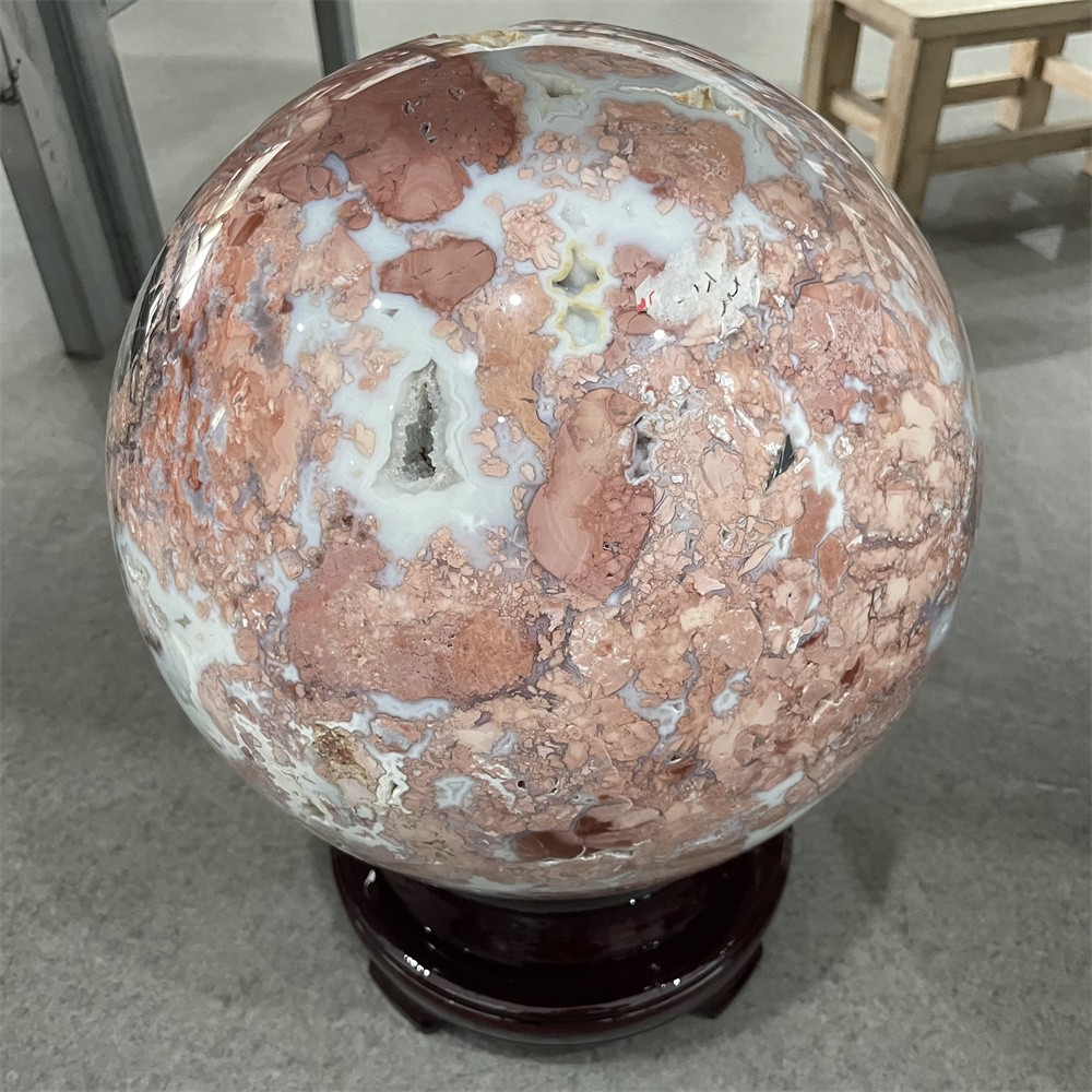 55.1LB 10.4″ Large Natural Flower Agate Geode Sphere Magic Crystal Reiki Ball