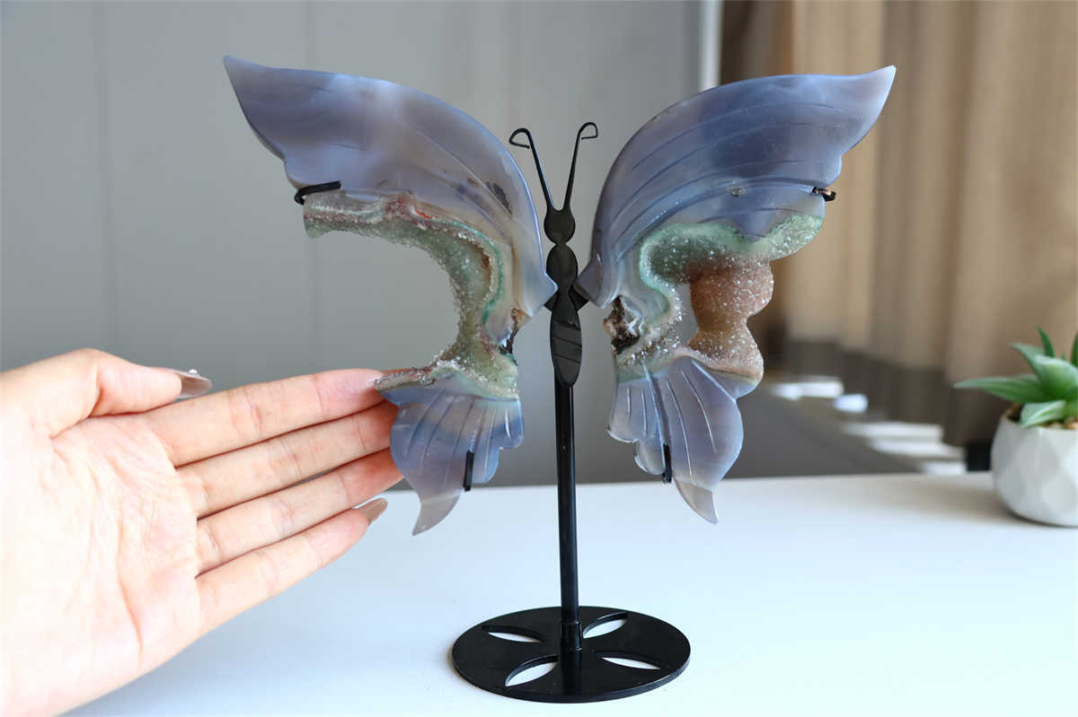 500g Natural Geode Agate Carved Butterfly Wing Reiki Crystal Decor Gift + Stand