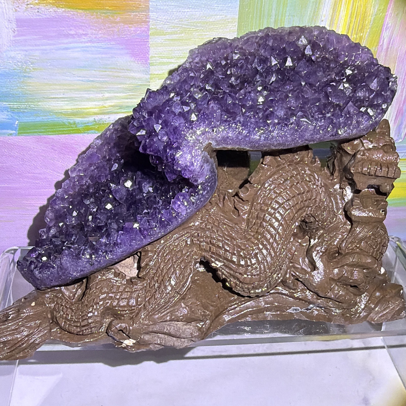 Purple Amethyst Cluster Crystal Mineral Display Specimen on Carved Dragon Stand