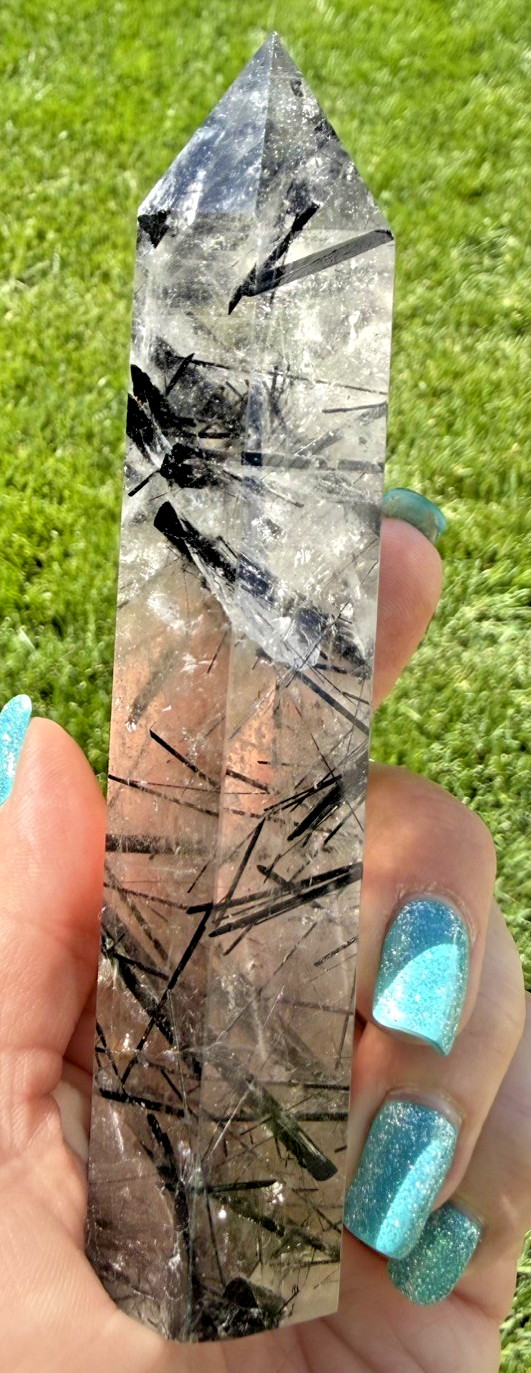 Natural Black Tourmaline in Quartz Tower Polished Crystal Point Collector, 6 “