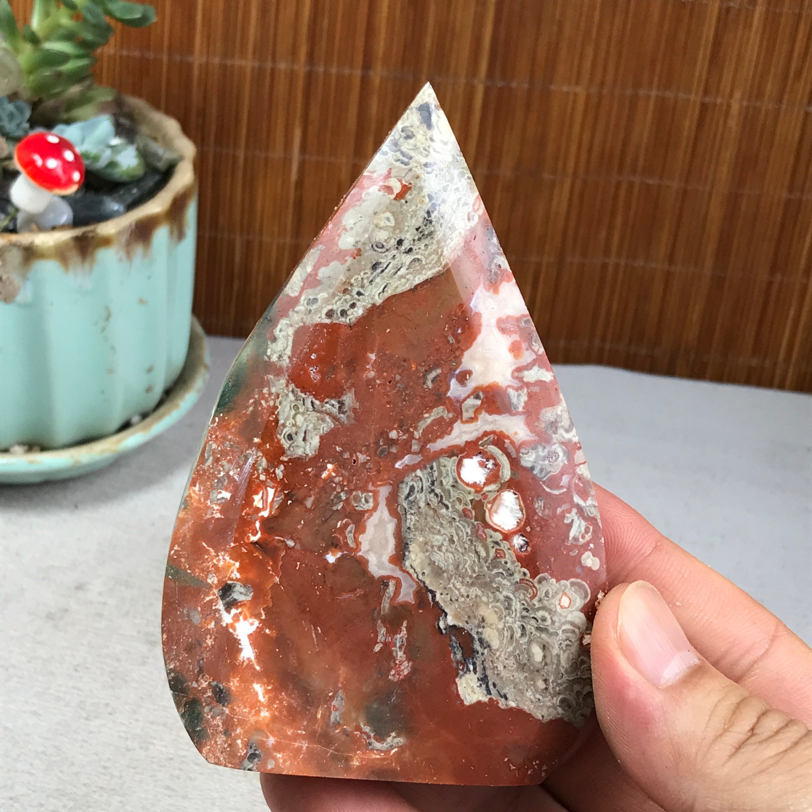 Natural money Mexico agate hand carve leaf Crystal Specimen free standing A6269