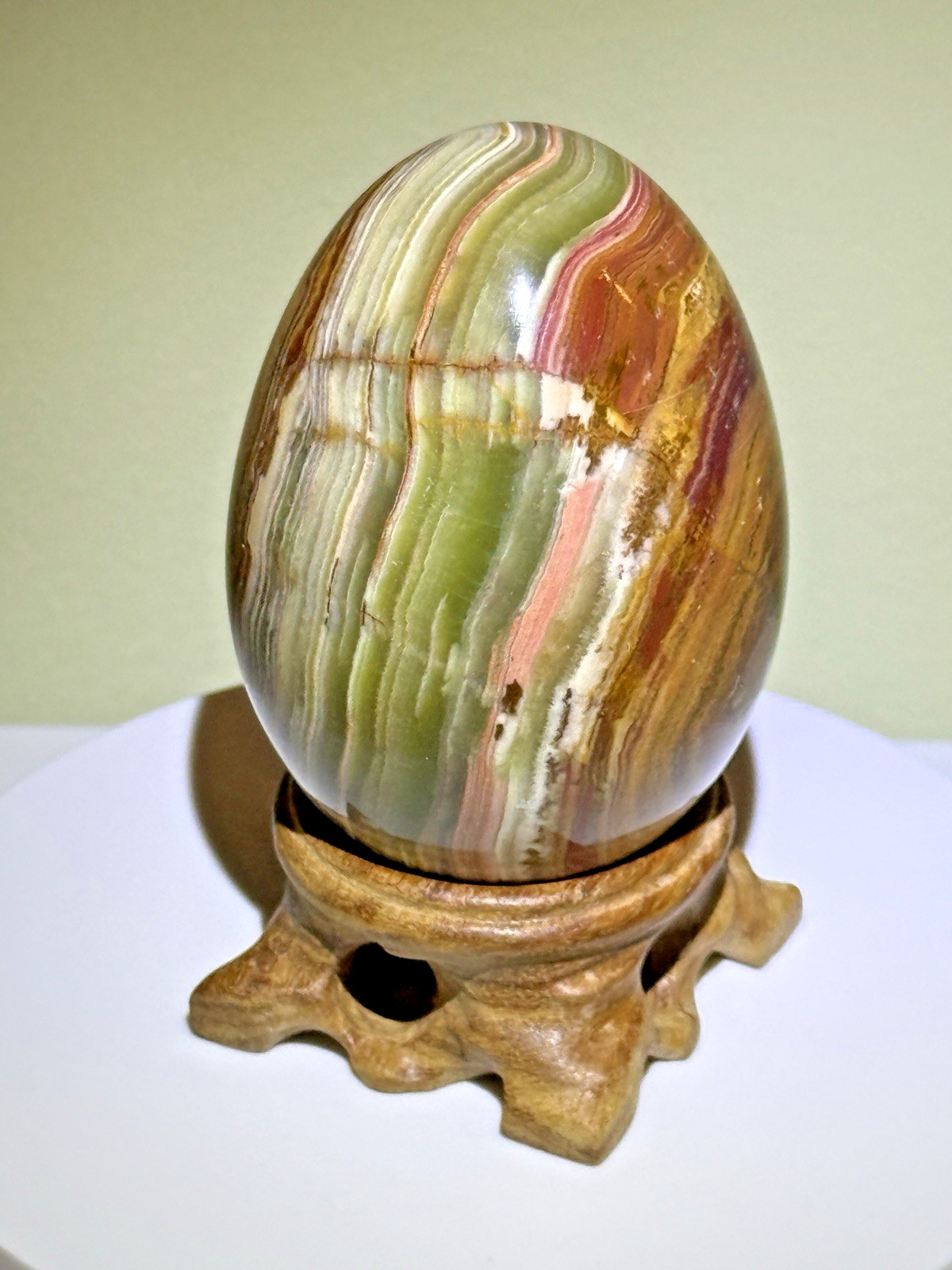 VIVID Multicolor Banded Onyx Egg with Wooden Stand