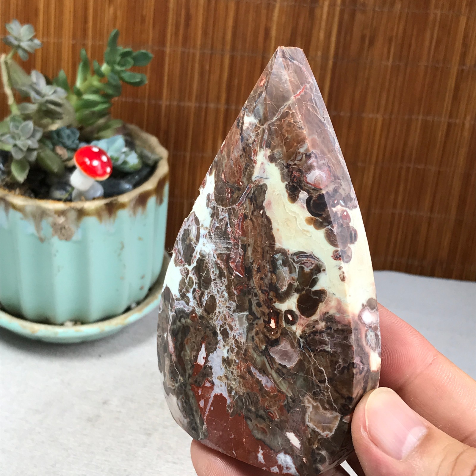 Natural money Mexico agate hand carve leaf Crystal Specimen free standing A6272
