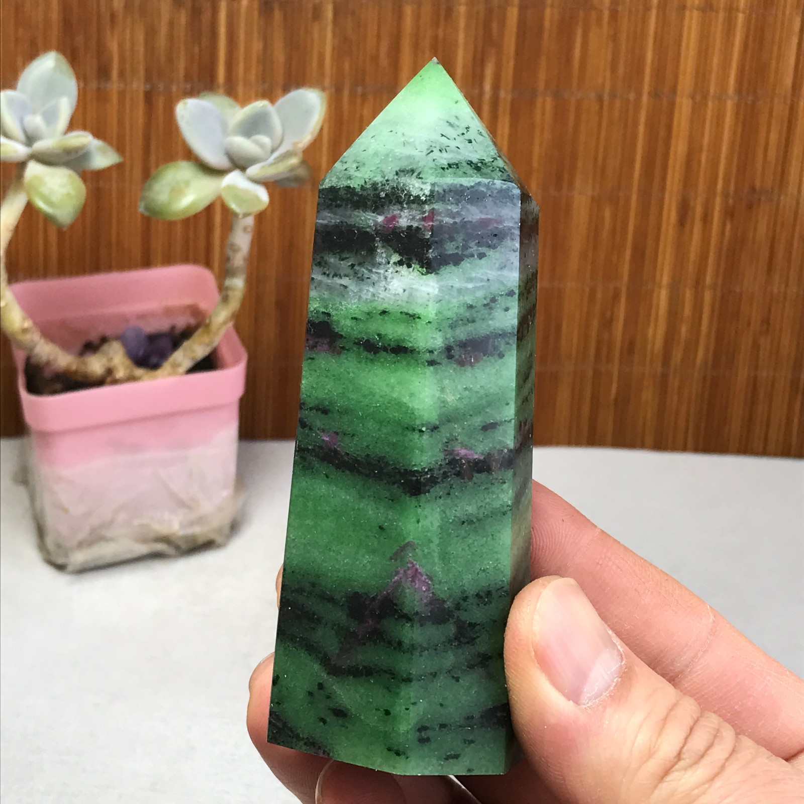 101-35-28mm Natural epidote wand Obelisk Crystal Quartz specimens 210g A3467