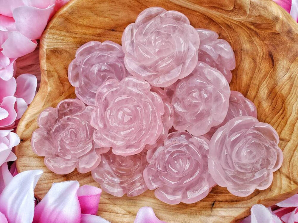2″ Natural Rose Quartz Flower Rose Hand Carved Crystal Skull Reiki Healing