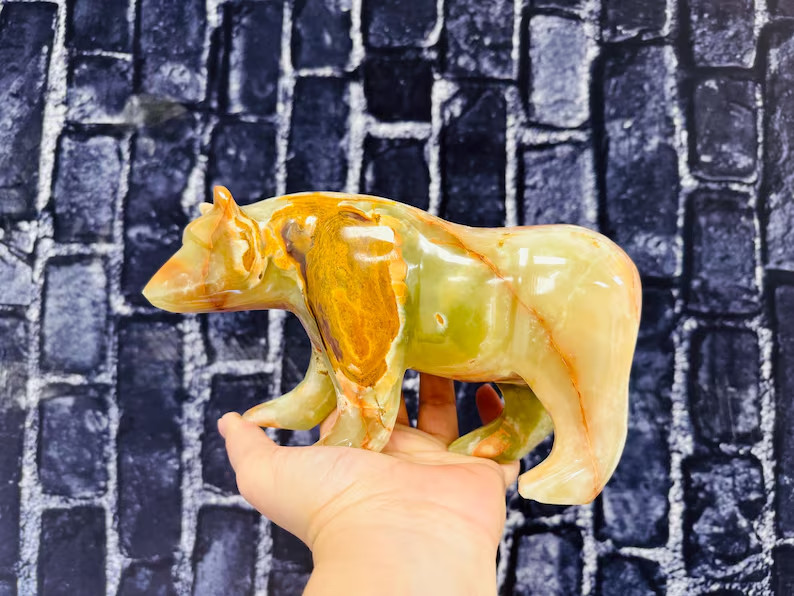 Green Onyx Bear Figurine, Crystal Animal Standing Statuette 6 inch Sacred Animal