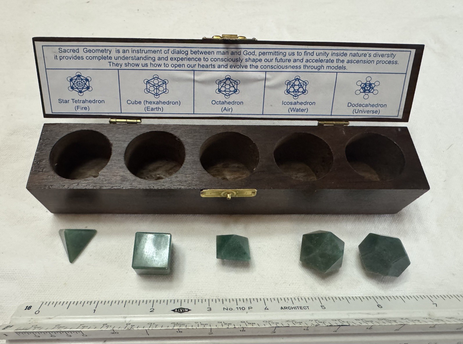 Vintage Green Indian Agate 5pc Sacred Geometry Set Platonic Solids w/Wooden Box