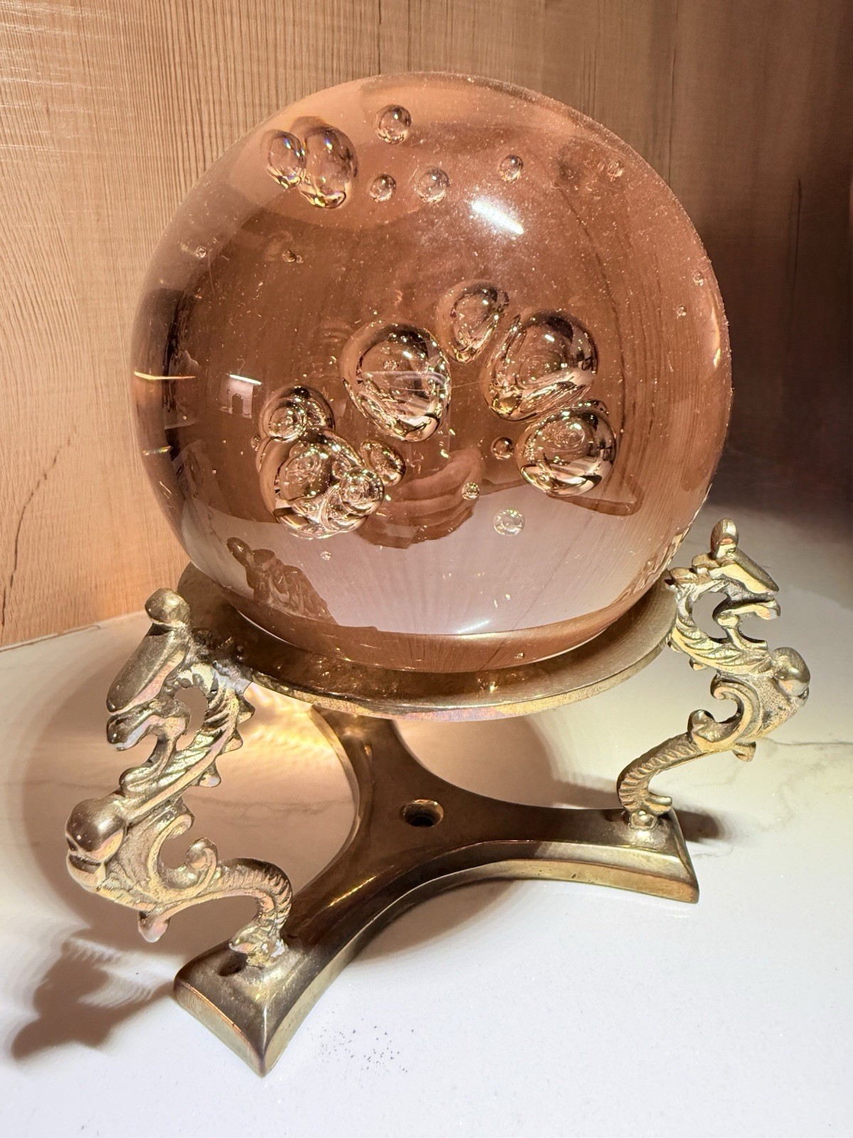 Large Vintage Lead Crystal Ball Sphere on Ornate Dragon Brass Stand
