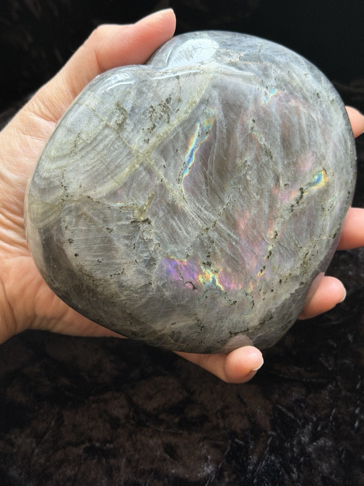 5.15” Large Purple Pink Orange Flash Labradorite Crystal Heart 1100 Grams