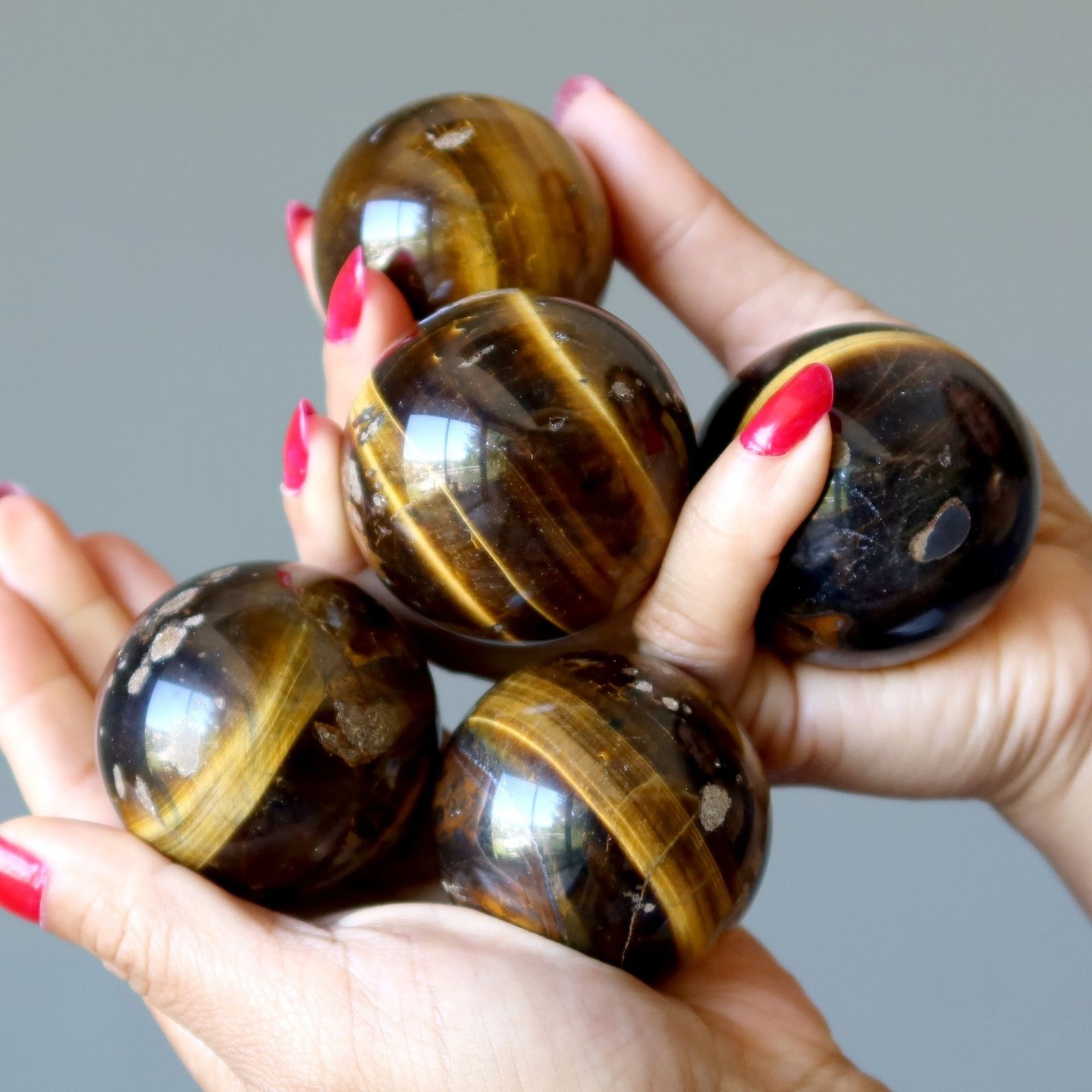 Lot of 5 Tigers Eye Sphere Bundle Golden Brown Natural Crystal Ball Bulk 1.8LBS